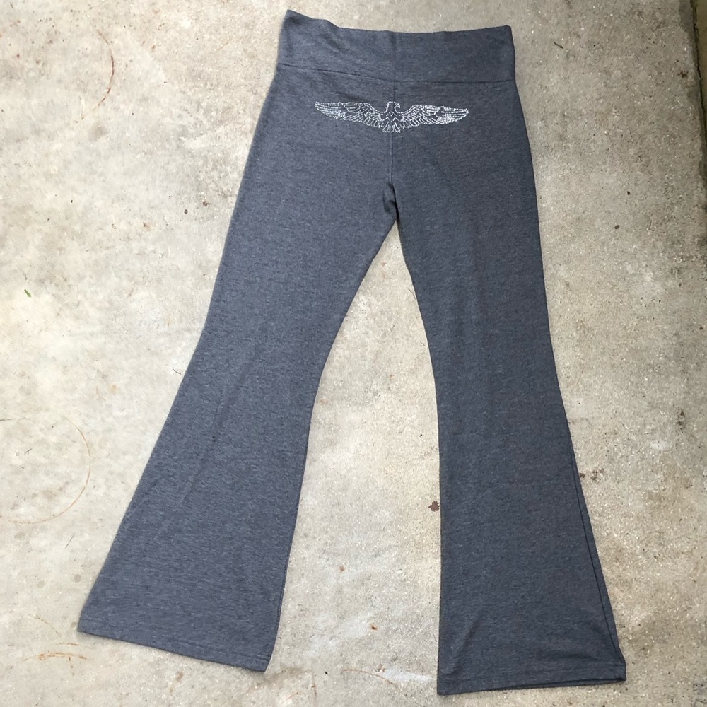 Marshall Rousso Charcoal Gray with Silver Studded Eagle Athleisure Yoga Pants M